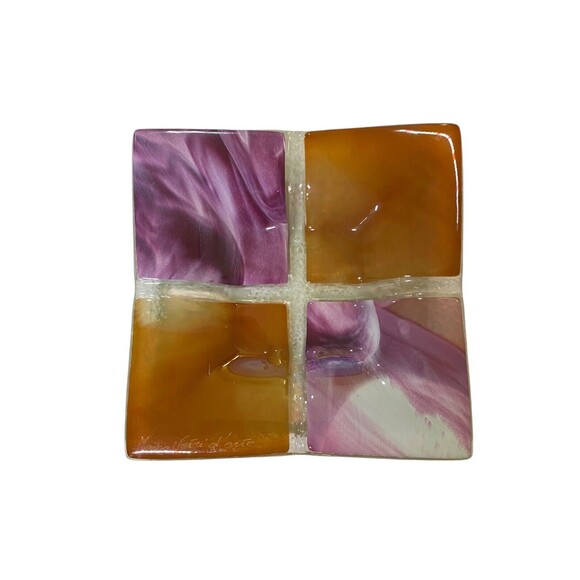 Studio Fused Art Deco Glass Square Trinket Key Jewelry Dish - Signed by Artist - Picture 2 of 11